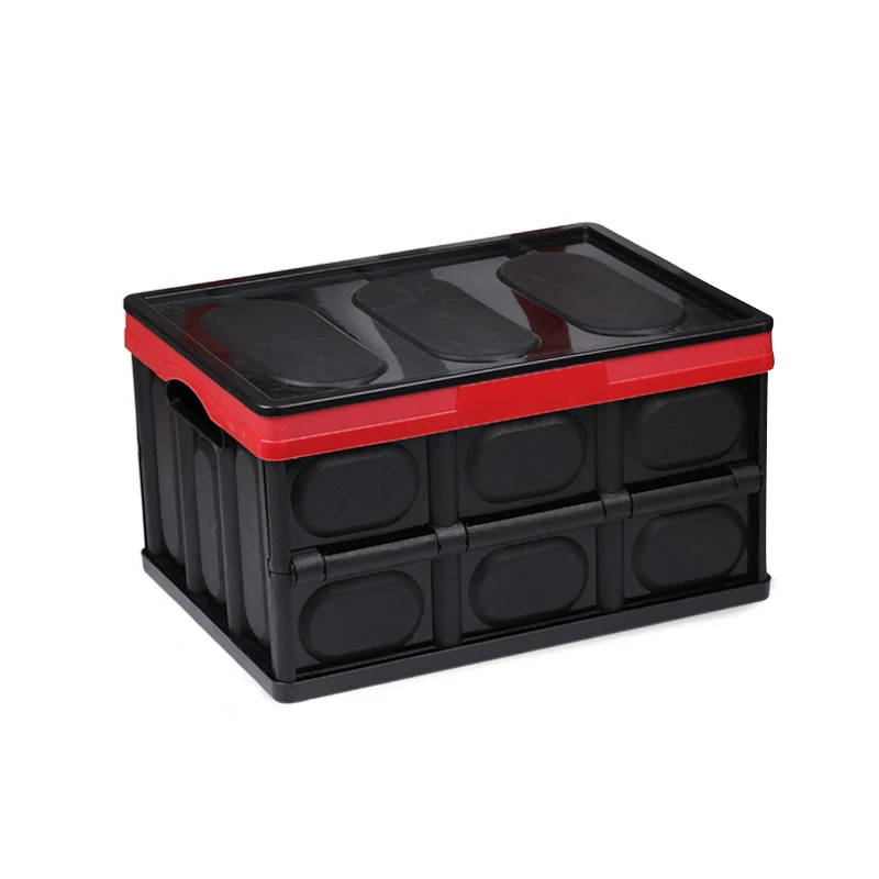 

56L Lidded Storage Bins Collapsible Storage Box Crates Plastic Tote Storage Box Stackable Folding Utility Crates for Clothes