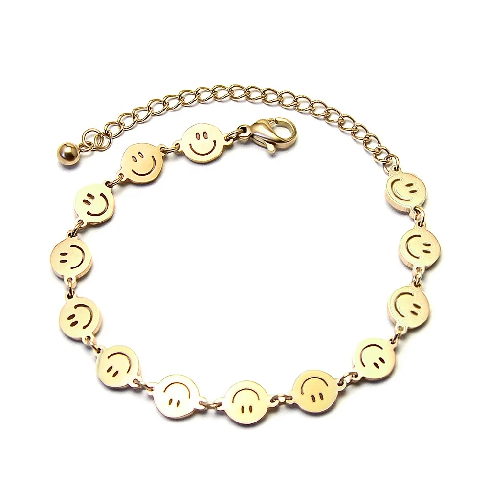 

Wholesale Custom 18K Gold Plated Stainless Steel Beads Beaded Charm Jewelry Women's Lucky Gold Happy Smile Smiley Face Bracelet, Gold, silver, rose gold, black
