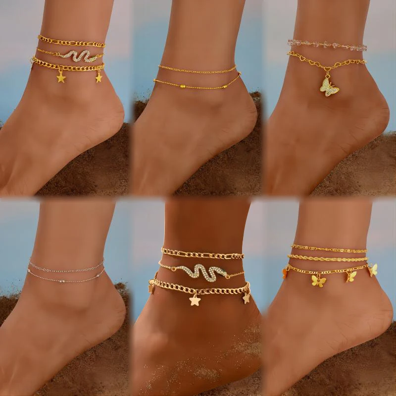 

Vintage butterfly diamond Gold Snake Pendant Multi layer Cuban Chain Overlay Women's Star New 3PC Beach Anklet Set