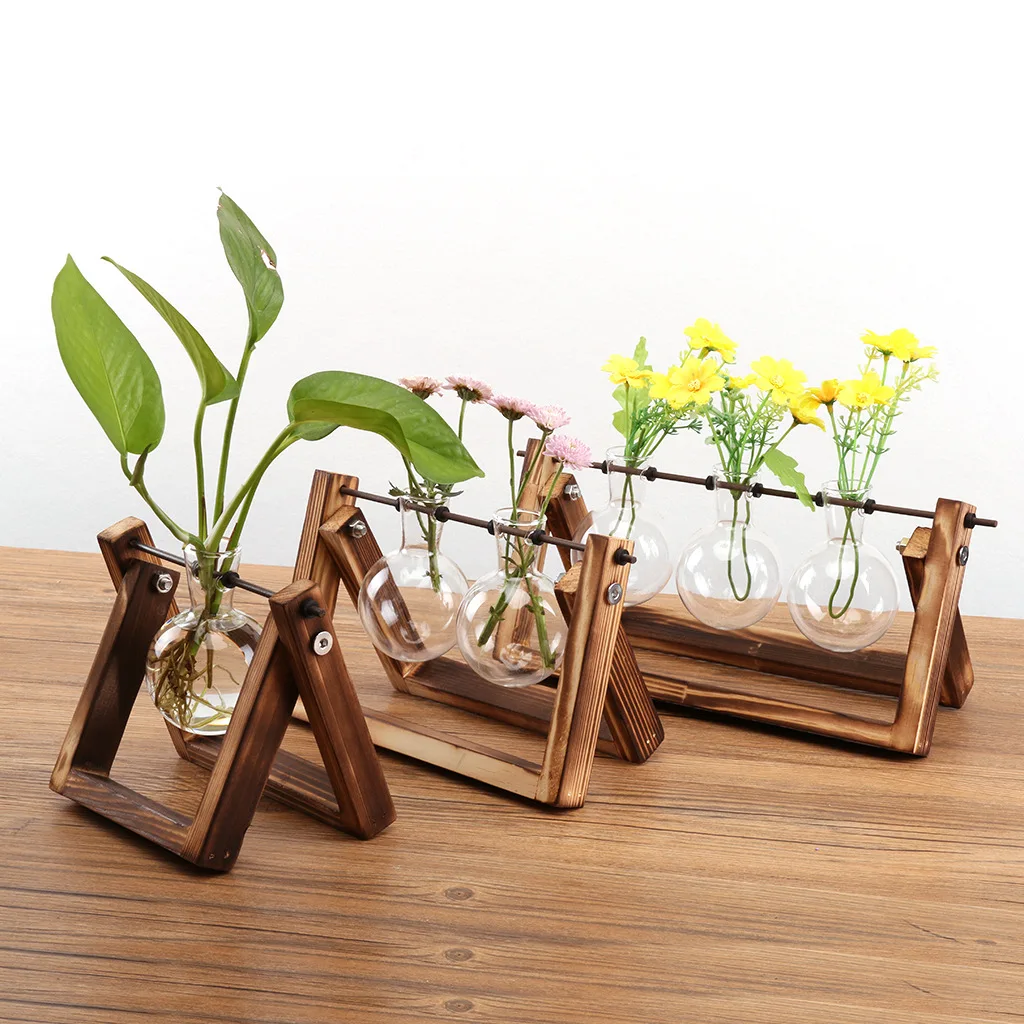 Desktop Glass Planter Bulb Vase Retro Solid Wooden Stand And Metal