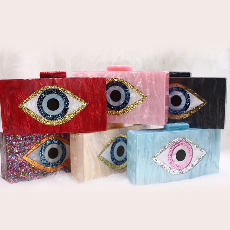 

Dinner Evening Party Bag For Woman Rhinestone Handbags Ladies Clutch Acrylic Bag Evil Eye Purse, Red, blue, black, pink, champagne, confetti