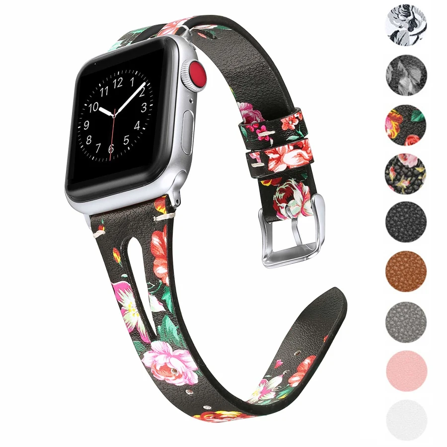 

Luxury Genuine Leather Band Printed Flowers Watch Band Strap for Apple Watch Series 6 Band, Optional