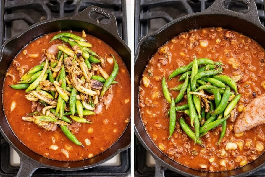 Préparation étape par étape du green chile stew avec chiles Hatch rôtis ajoutés dans une marmite en fonte