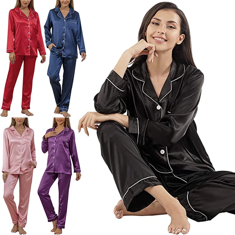 

Lady Trend Pjs 2 piece Plus size Solid Button Down Loungewear womens satin pajamas sleepwear silk satin pyjama long sleeved set