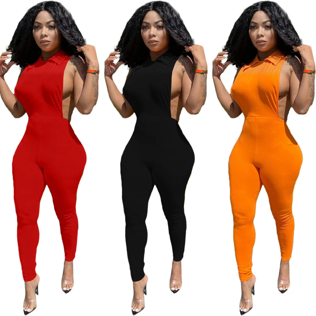 

DUODUOCOLOR New style street fashion club sexy backless summer 2021 casual sleeveless solid color women jumpsuits D10469, Red, black, orange