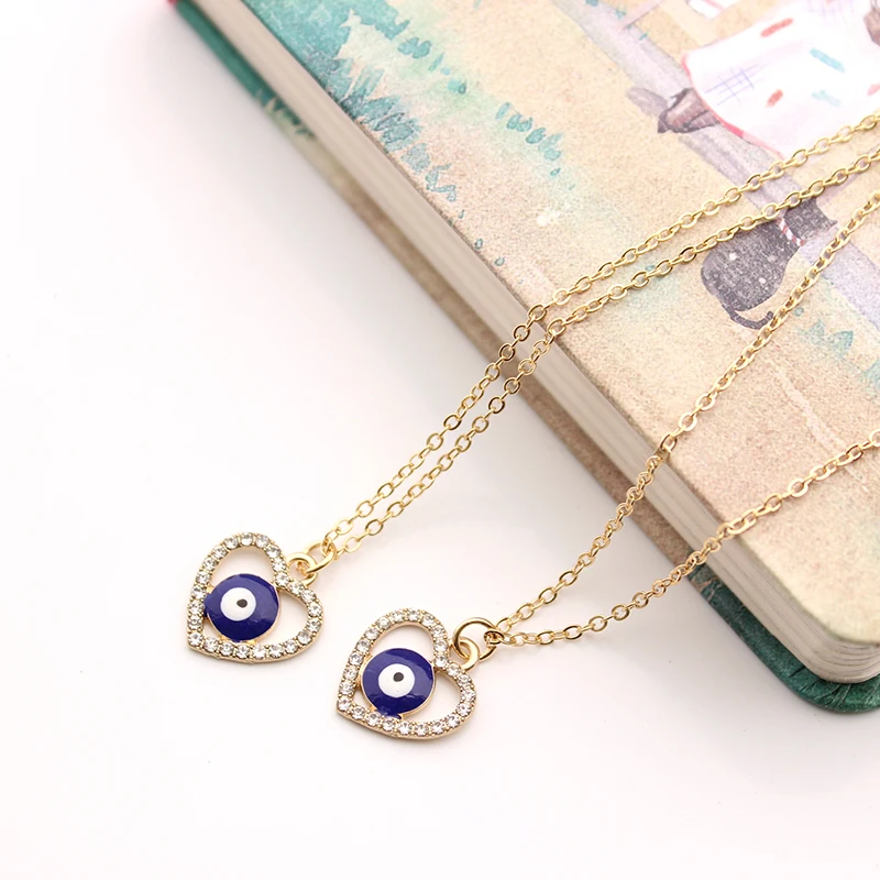 

gold filled evil eye charm wind wave chain blue evil eyes long inlaid heart diamond necklace, 14 k color
