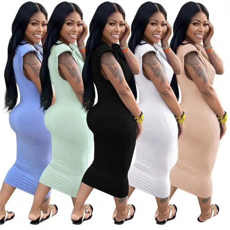 

PEARL Latest Design Solid Color Casual Sleeveless Shoulder Pad Slim Sexy Women Dress