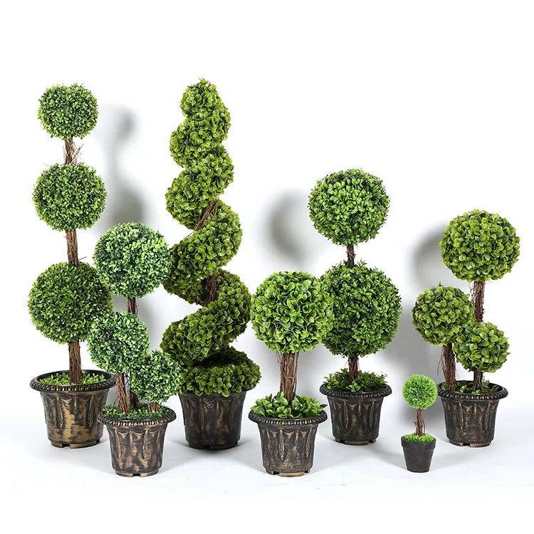 

60-120cm Anti-UV Artificial Boxwood Triplicate Ball Wreath and Spiral Grass Plant Topiary Bonsai Tree Potted plant, Green color