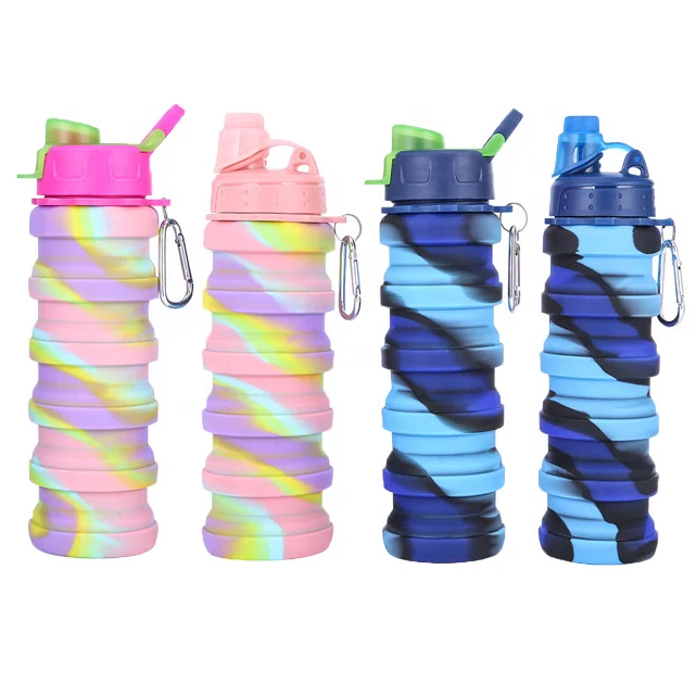 

500ML Retractable Silicone Bottle Collapsible Water Bottle Outdoor Travel Drinking Cup With Carabiner, Pink,blue,rose red