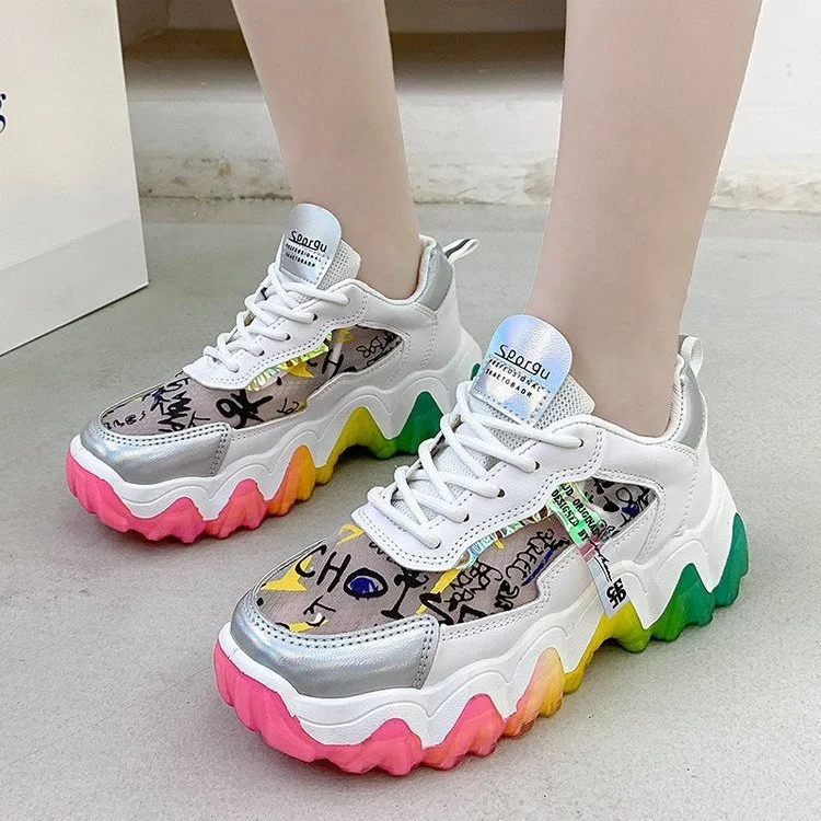 

Fashion Letter Print Color Block Thick Sole Casual Women Shoes Lace Up Sneakers Low Cut Sports Shoes, Red,silver
