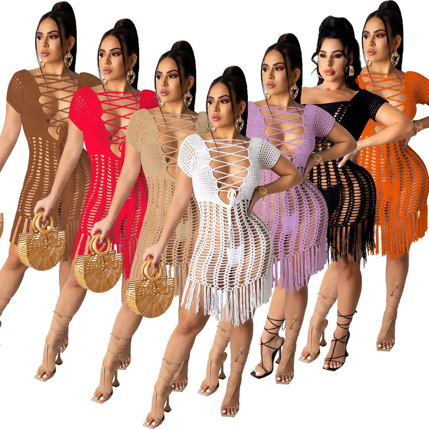 

2022 Swim Clothes Woman Beach Dress Crochet Beachwear Cover Up With Fringe Colorful Sexy Hollow Out Women Knitted Crochet Dress, White/khaki/purple/black/orange/coffee/red crochet dress