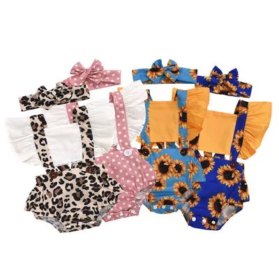 

2021 Infant Baby Clothes Backless Sunflower Polka dot Leopard Baby Bubble Rompers