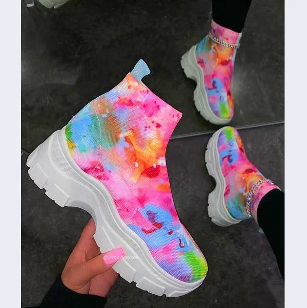 

Colorful pink tie-dye fashion causal sport shoes flange women sneakers sock breathable sneakers