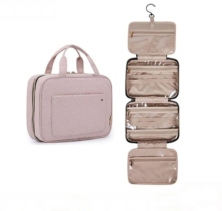 

Large Pink Quilted Waterproof 4 Sections Hanging Travel Organizer for Travel Accessories Kit