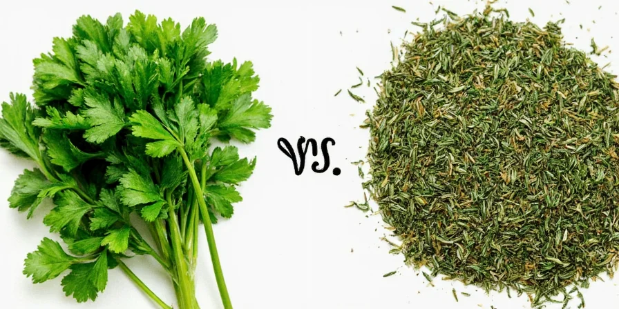 Side by side comparison of fresh and dried parsley