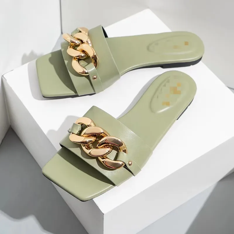 

2021 Summer new arrivals plus size slippers square head metal chain women beach holiday leisure sandals, Green, black, apricot