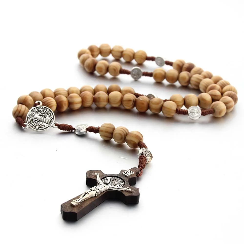 

Religion Catholic Necklace Wooden Beads Rosary Necklace Alloy Silver Virgin Mary Wood Jesus Cross Necklace