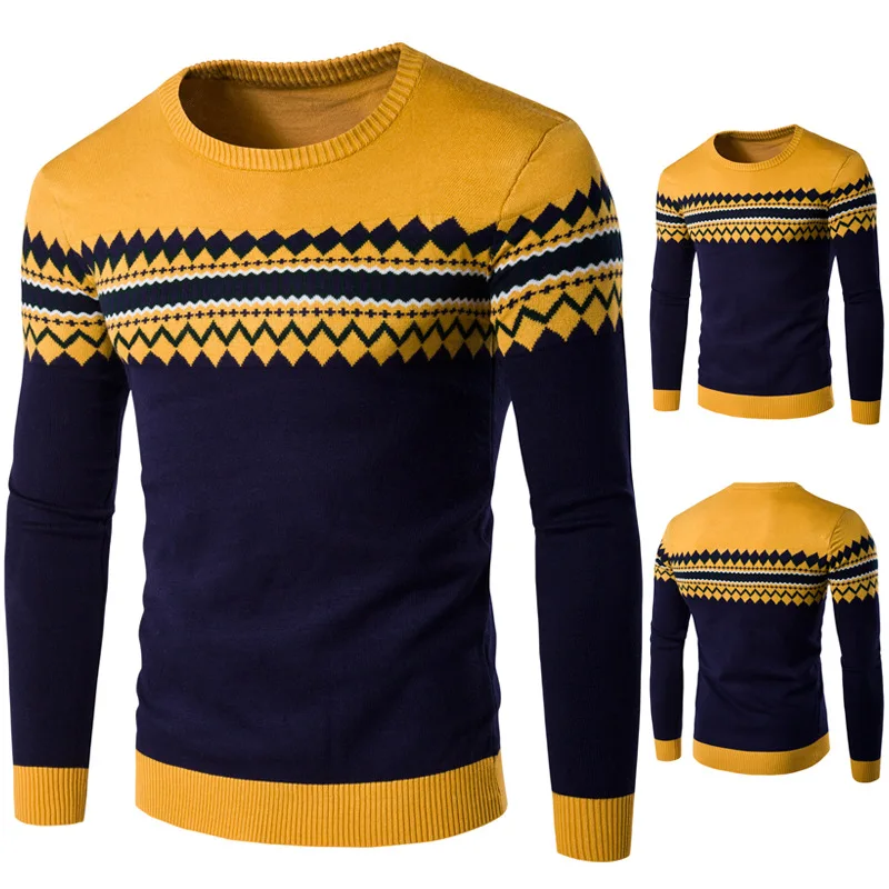 

European Men's sweater round neck pullover casual stitching two-color sweater