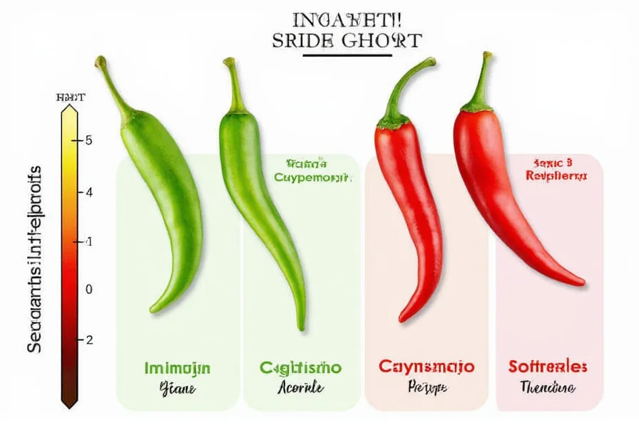 Serrano pepper heat comparison chart showing position between jalapeño and cayenne on Scoville scale with culinary usage examples