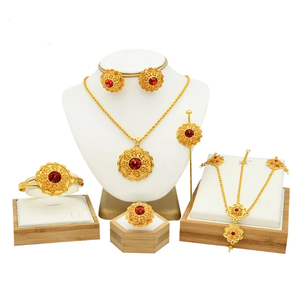 traditional brass alloy traditional ethiopian 24k gold plated jewelry set statement necklace bracelet earring headwear 6pcs pack