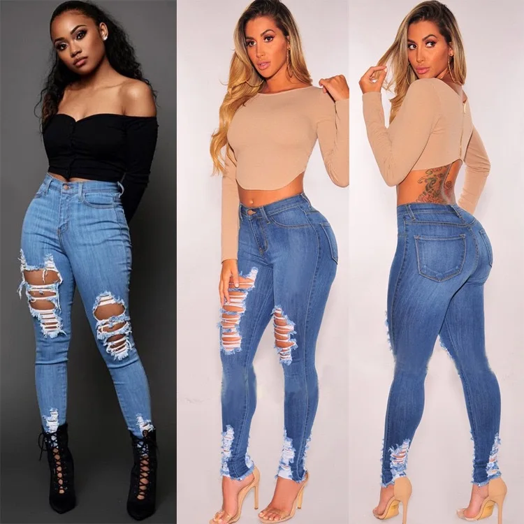 

K21016 Stretch small leg pants hole fit large plus size jeans ladies