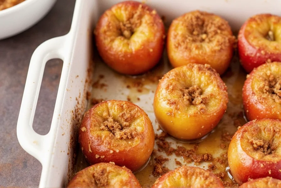 Close-up of perfectly baked cinnamon apples in ceramic dish with cinnamon sticks and fresh mint garnish