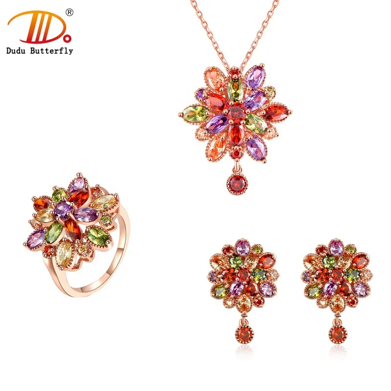 

Vintage rainbow zircon flower necklace ring and stud earrings rose gold plated women jewelry sets, Picture