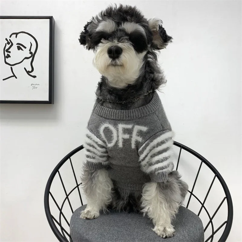 

Factory Manufacture Gray Stripe Fur Dog Sweater Letter Puppy Knit Sweater Hand Knit Pet Clothes Casual Warm Dog Jumper Sweater
