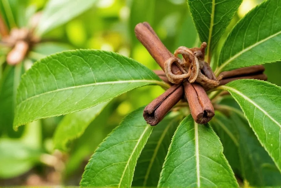 True cinnamon tree showing characteristic leaf arrangement and bark