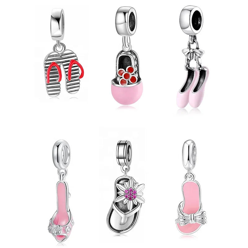 

Real 925 sterling silver Pretty Dance Shoe Enamel Pink pendants Fit Bracelet Beads Fashion Jewelry Accessories Wholesale jewelry