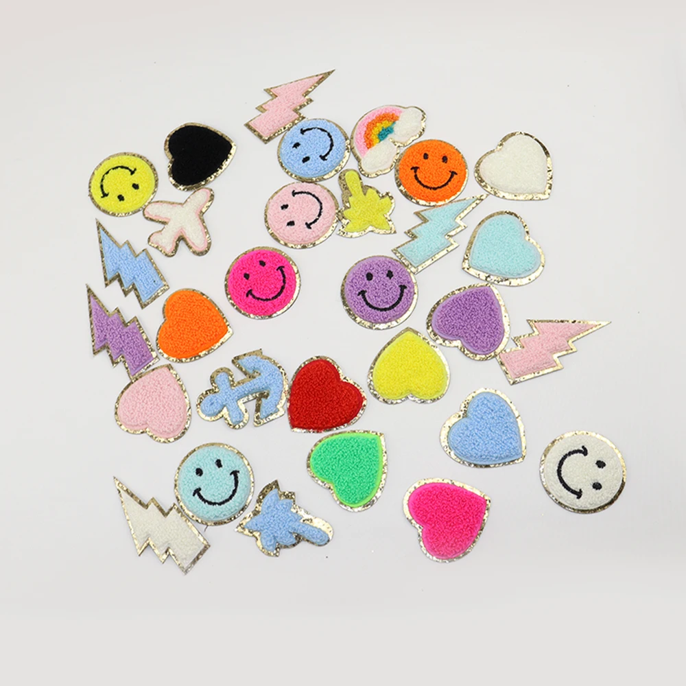 

RTS Stock Cute Rainbow Plane Lightning Bolt Anchor Letter Embroidery Patches Glitter Chenille Patches