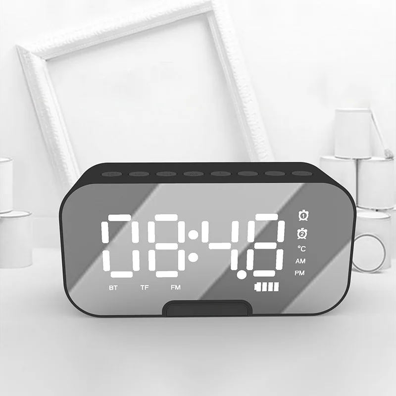 

New Arrival Heavy Bass Wireless Speakers With Mirror Double Alarm Clock Usb Cable For Home Office