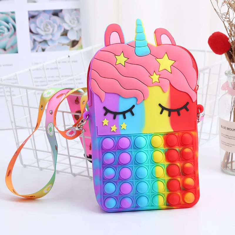 

Wholesale Fashion Little Girl Large Size Rainbow Popit Kid Cute Popping its Kids Soft Silicone Unicorn Coin Purse And Handbag, 6 colors