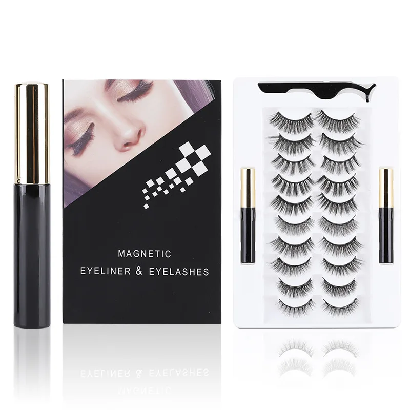 

New Arrival Customize False Lashes Partner Set Glue Free Magnetic Eyelashes 10 Pairs Eyelashes and Eyeliner Set, Natural black