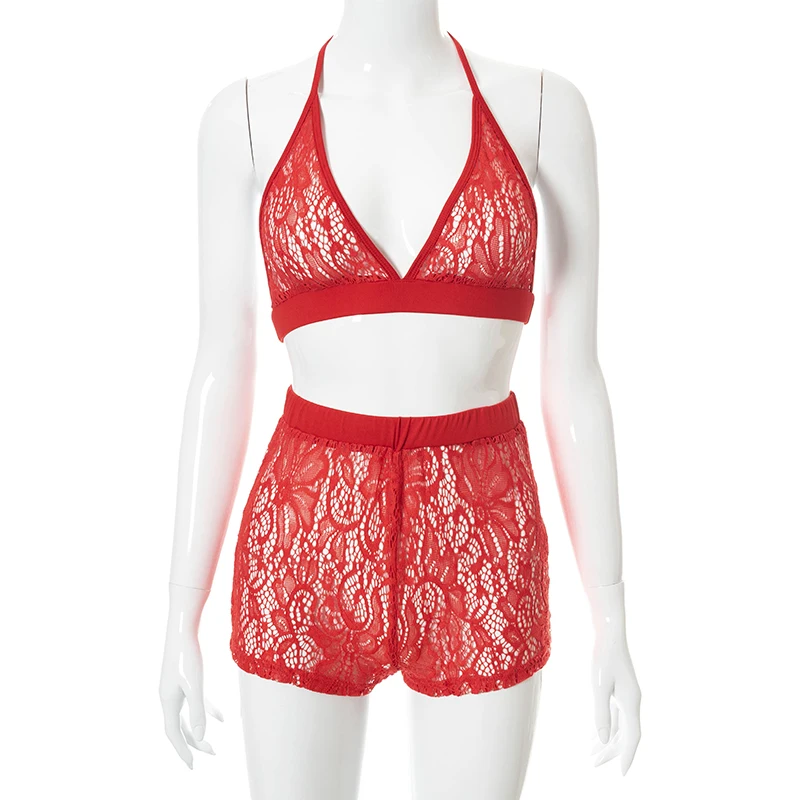 

Hot summer new lace mesh perspective hanging neck suspender shorts sexy underwear set, Picture shows