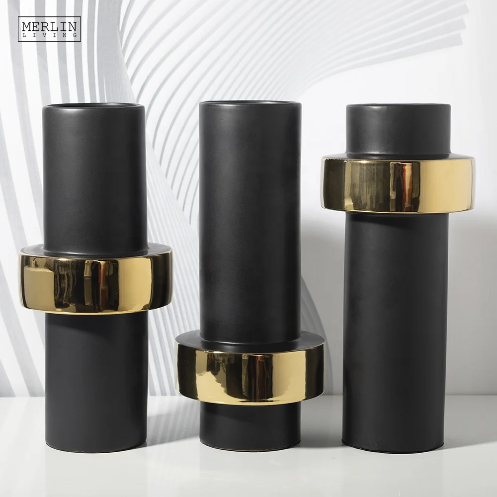 

Tall Cylinder gold ring black vase minimalistic Luxury modern ceramic & porcelain vases designer home decorative wholesale vase, Black + gold