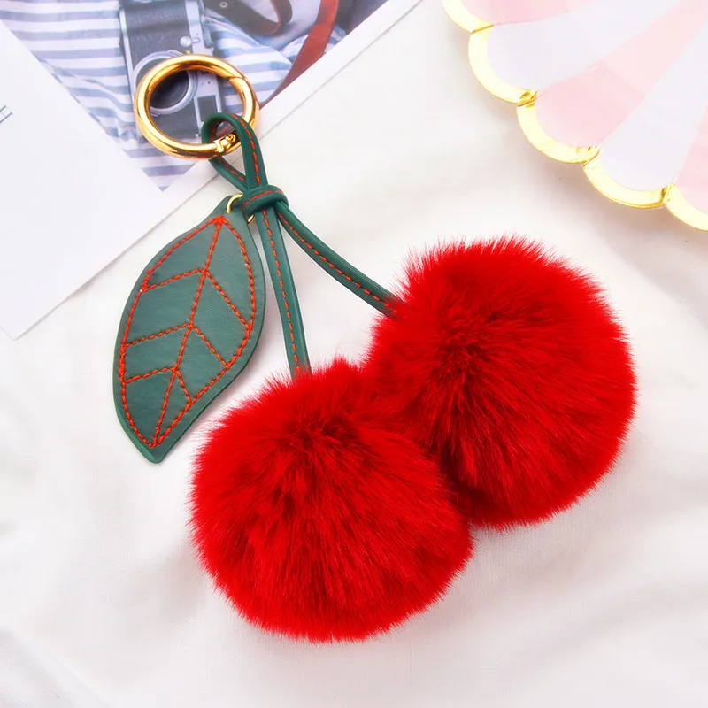 

NEW Fashion 6cm Cherry Pom Pom Keychains Fake Faux Rabbit Fur Ball Key Ring