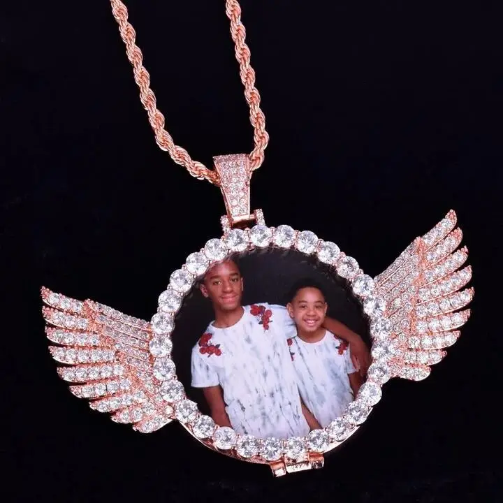 

Custom Name Personalized Hip Hop Chains Jewelry Sublimation Photo Memory Picture Wings Necklace Pendant With Photo, Gold