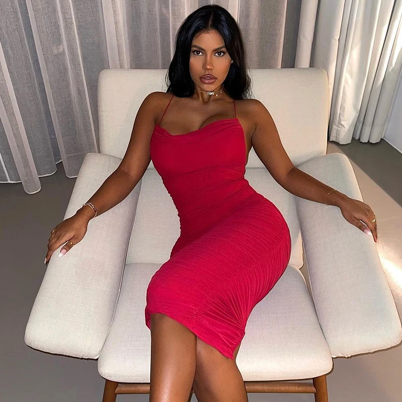 

Summer Women Casual Mesh Spaghetti Straps Backless Midi Elegant Slim Fit Ruched Pleated Dresses, Red,black