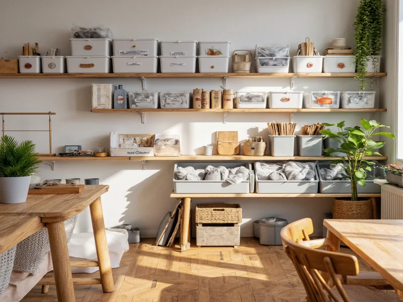 Organized craft zone with labeled bins and natural lighting