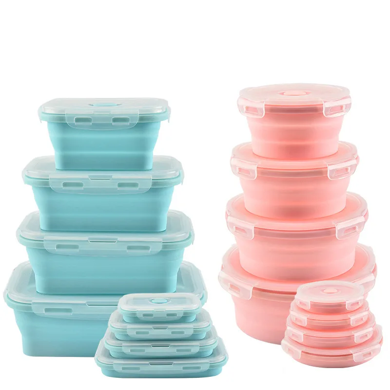 

Silicone Collapsible Folding food containers with snap lid Microwave safe kid bento lunch box Set of 4 storage boxes & bins, Blue,pink