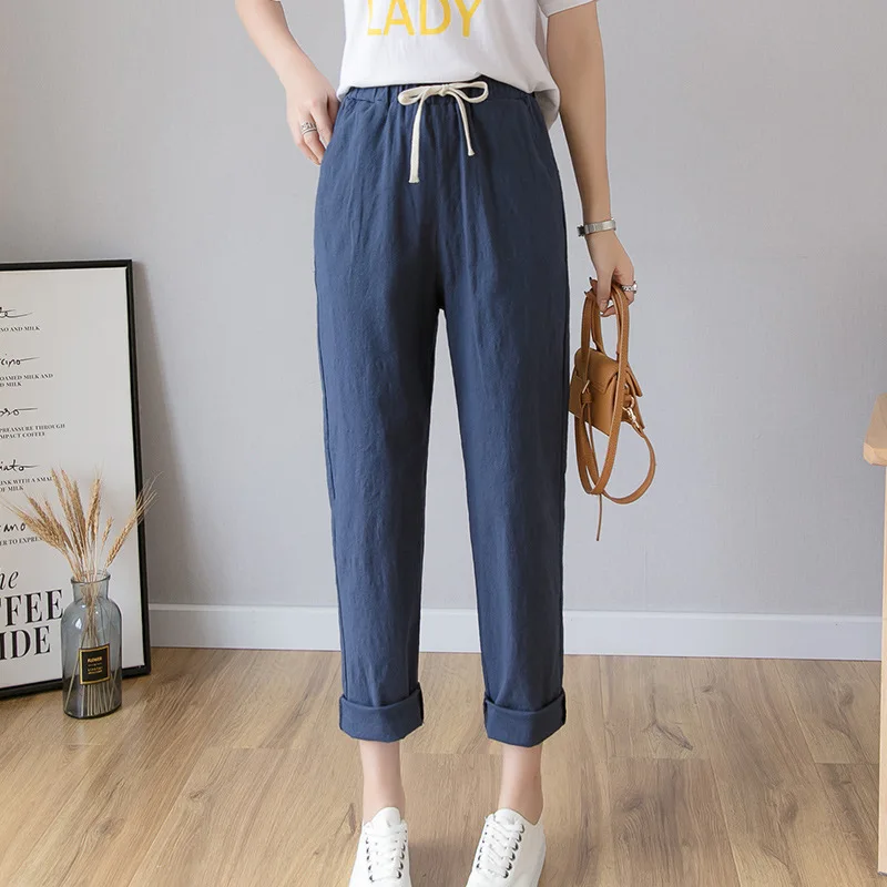 

2020 Summer Cotton Linen Elastic Waist Casual Pants Women Plus Size Wide Leg Long Trousers Harem Pants, 9 colors