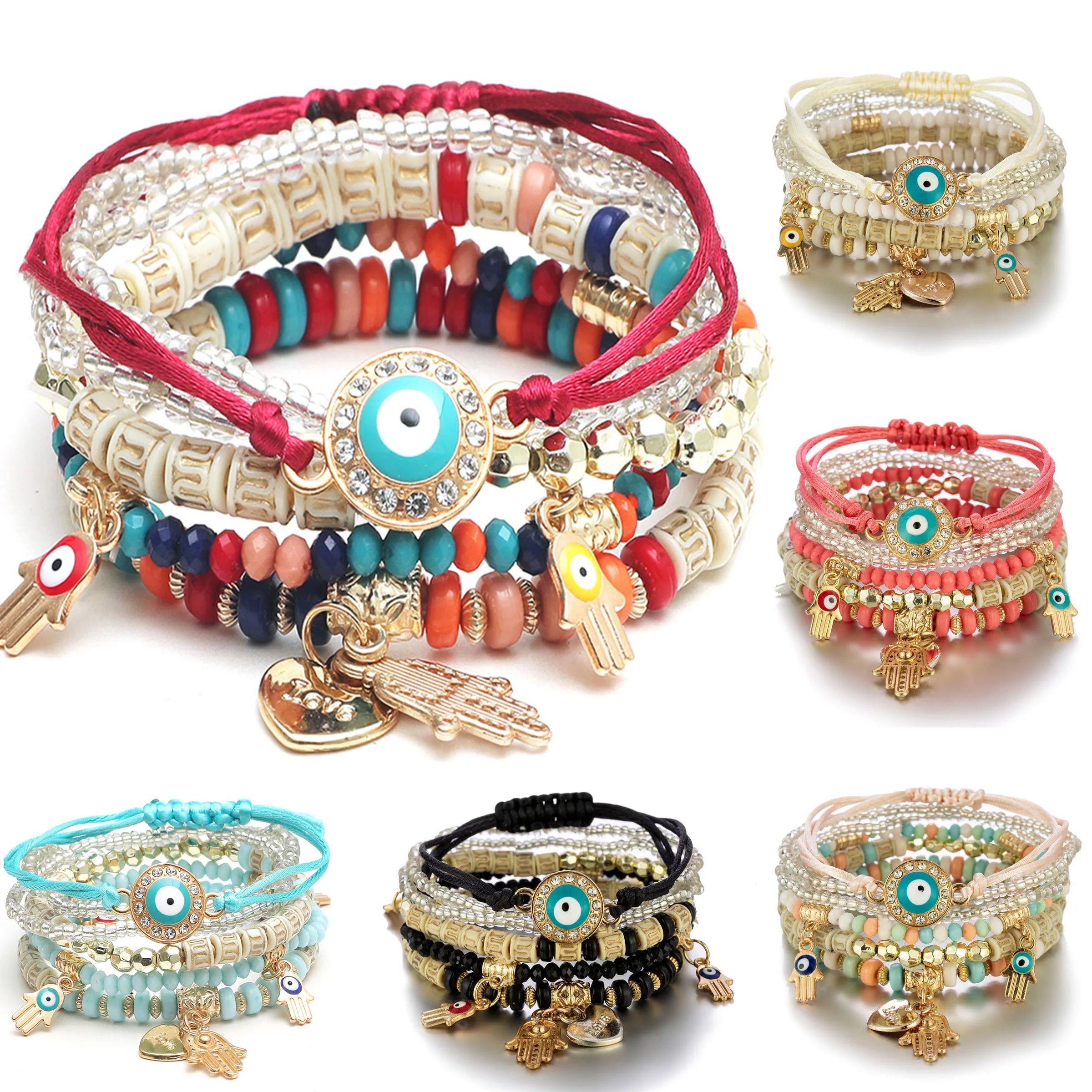 

Colorful Evil Eye Bracelet Gold Plated Bohemian Beads Bracelets Turkish Hand Heart Multilayer Acrylic Bead Rope Boho Jewelry, Multi-colors