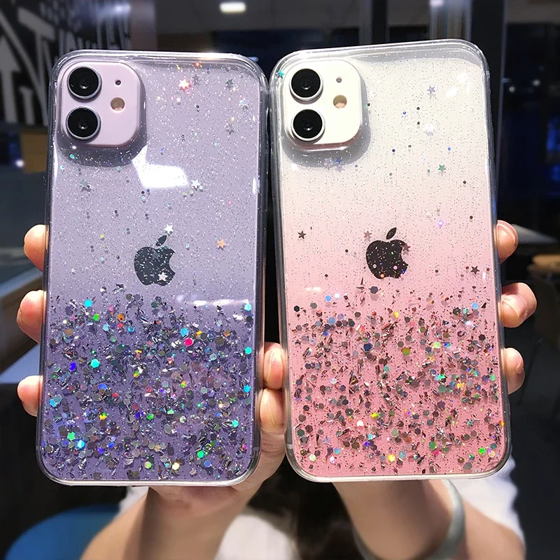 

Clear Glitter Phone Case For iPhone 13 12 Pro 11 Pro Max XS Max XR X 7 8 Plus 12Mini SE 2020 Cute Gradient Rainbow Sequins Coque