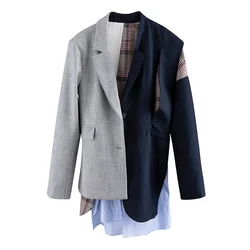 TWOTWINSTYLE Korean Patchwork Asymmetrical blazer women Notched Long Sleeve Tunic Hit Color Suits