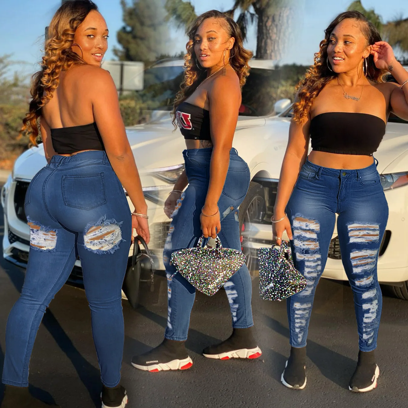 

Fashion Women Skinny Denim Jean Ripped Hole Stretch Casual Bootcut Blue Jeans
