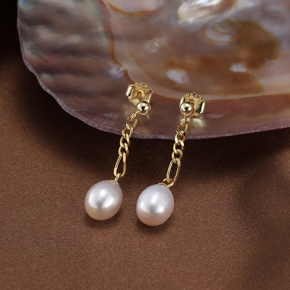 RINNTIN GPE80 Valentine Gift Pearl Jewelry Cultured Freshwater Pearl 14K Gold Plated 925 Sterling Silver Dangle Drop Earrings