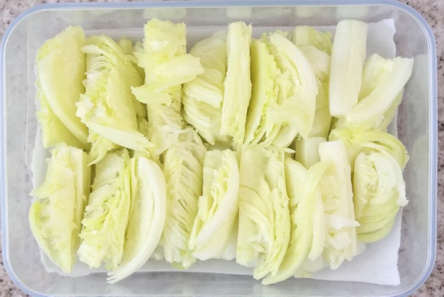 Freshly cut fennel slices arranged neatly in an airtight container with damp paper towel for optimal refrigerator storage