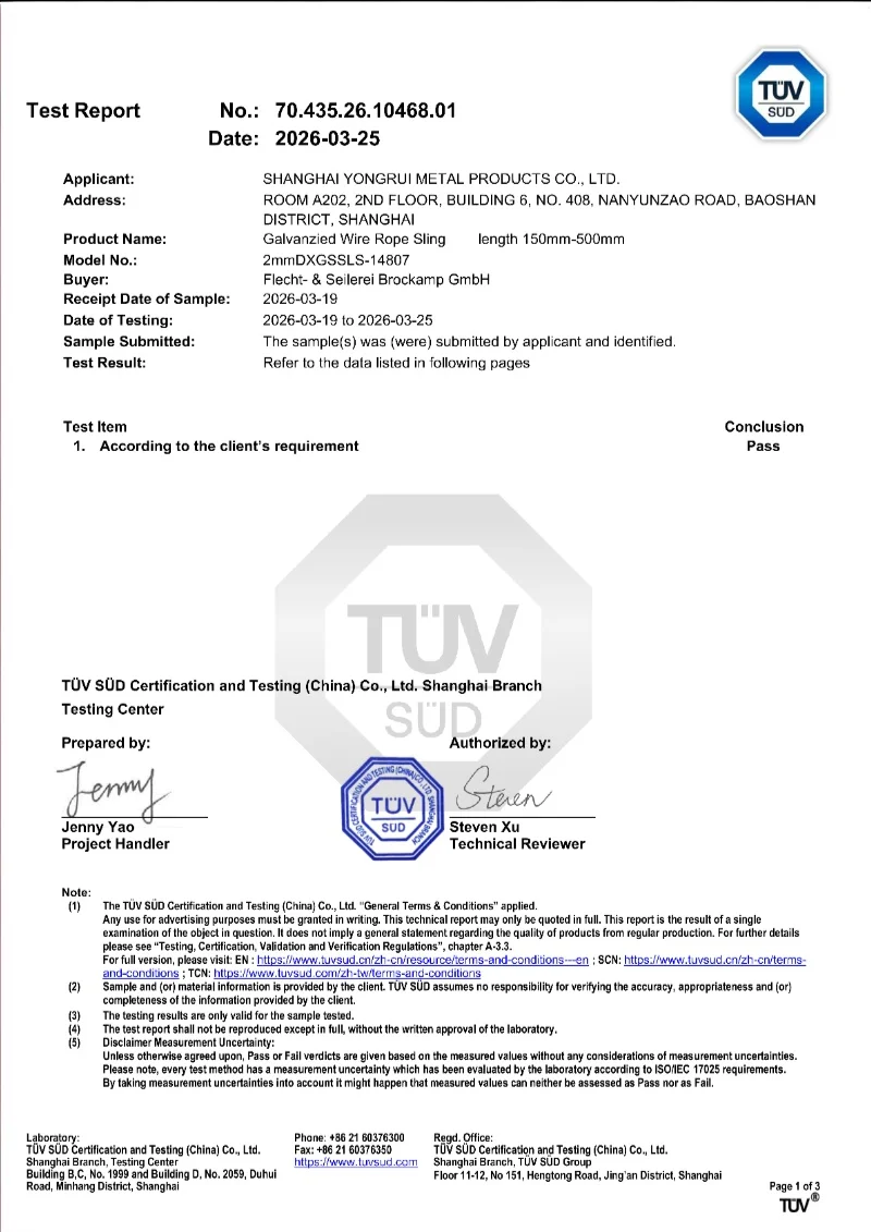 TÜV SÜD Test Report No.70.435.26.10468.01 — Galvanized Wire Rope Sling — Shanghai Yongrui Metal Products Co., Ltd.