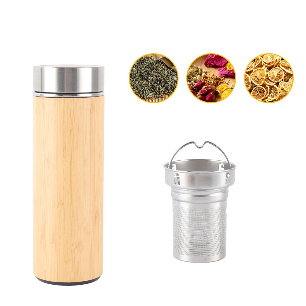 

New style 304 stainless steel flask bottle double-layer vacuum bamboo water bottle with strainer and portable handle, Customized color acceptable